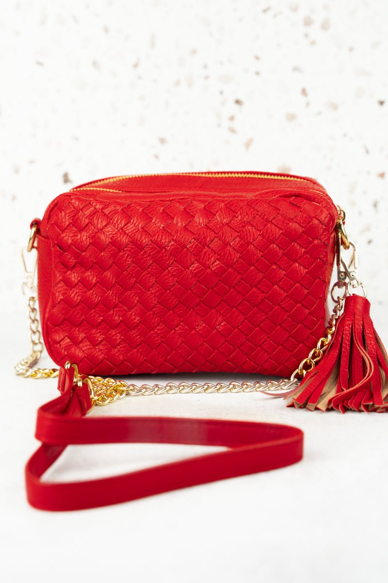 WILHELMINA RED WOVEN FAUX LEATHER BAG