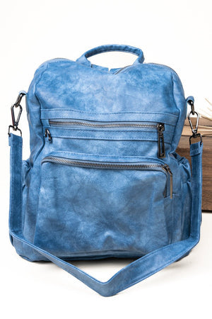 BLUE FAUX LEATHER BACKPACK TOTE