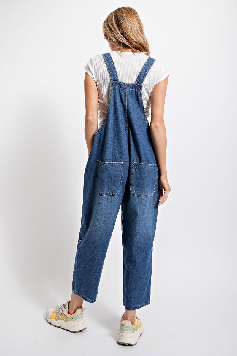 WASHED DENIM LOOSE FIT OVERALLS