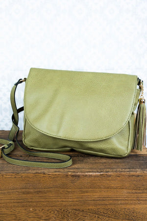 OLIVE FAUX LEATHER TASSEL ENVELOPE CROSSBODY