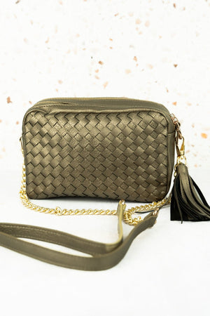 WILHELMINA CHAMPAGNE WOVEN FAUX LEATHER BAG