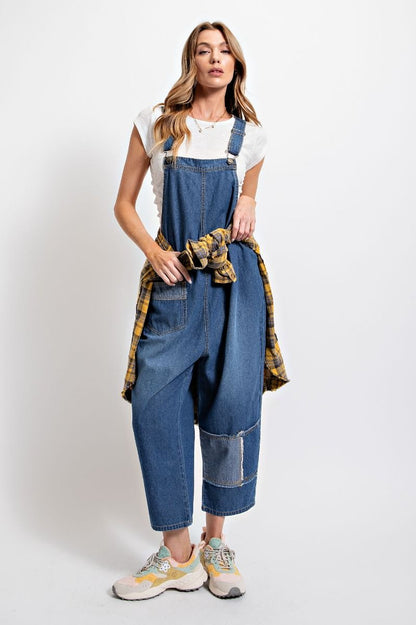 WASHED DENIM LOOSE FIT OVERALLS