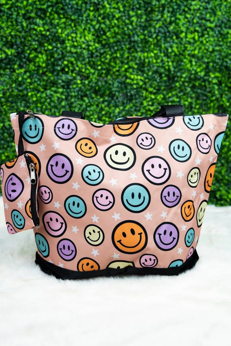 NGIL PUT ON A HAPPY FACE WITH BLACK TRIM TOTE BAG