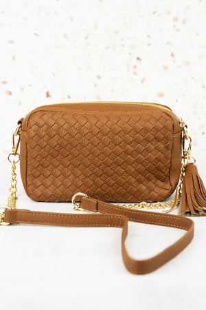 WILHELMINA BROWN WOVEN FAUX LEATHER BAG