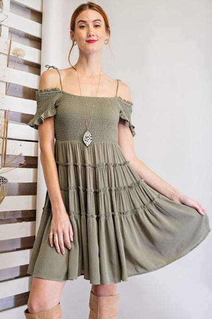 EASEL RAYON GAUZE COLD SHOULDER DRESS