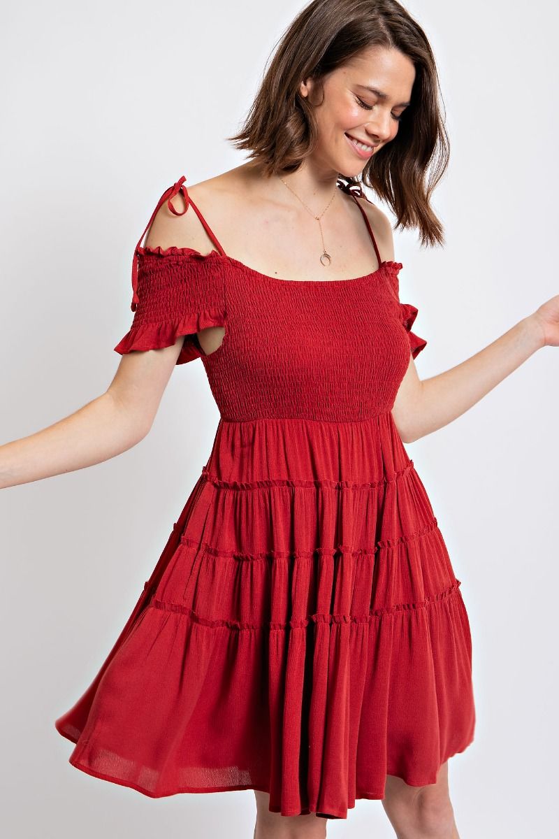 EASEL RAYON GAUZE COLD SHOULDER DRESS